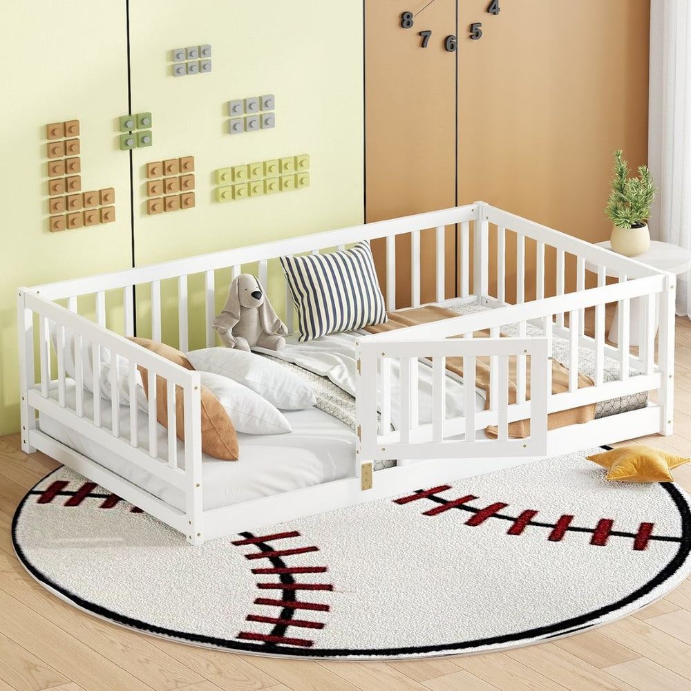 English Elm Twin Montessori Pine Floor Bed with Perimeter Fence Door and Slatted Base for Kids W1820P399071