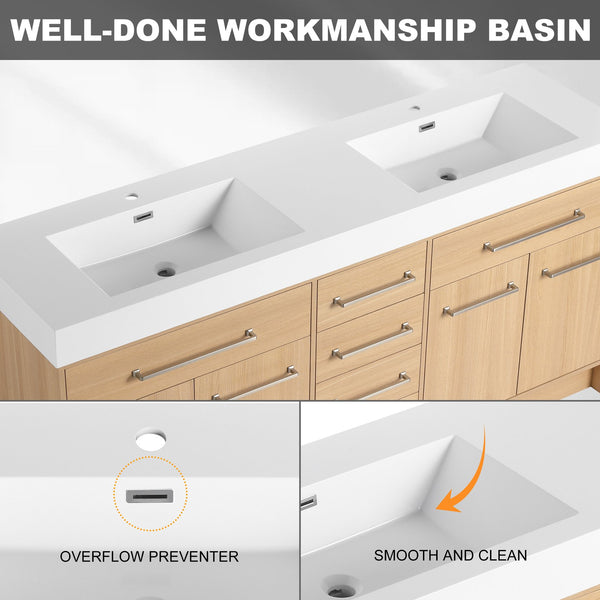 English Elm 72" Freestanding Bathroom Vanity with Double Resin Sink, Original Oak Finish, 4 Doors & 6 Drawers, Soft-Close W1972P315234
