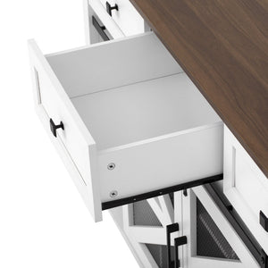 English Elm U_style Industrial Sideboard with Sliding Barn Doors Iron Mesh Panels and Three Drawers White N711P347384K