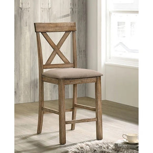 English Elm Set Of 2 Stylish Linen Counter Height Chairs With X-Back Design - Tan & Weathered Oak Finish B016P314418-GIGA