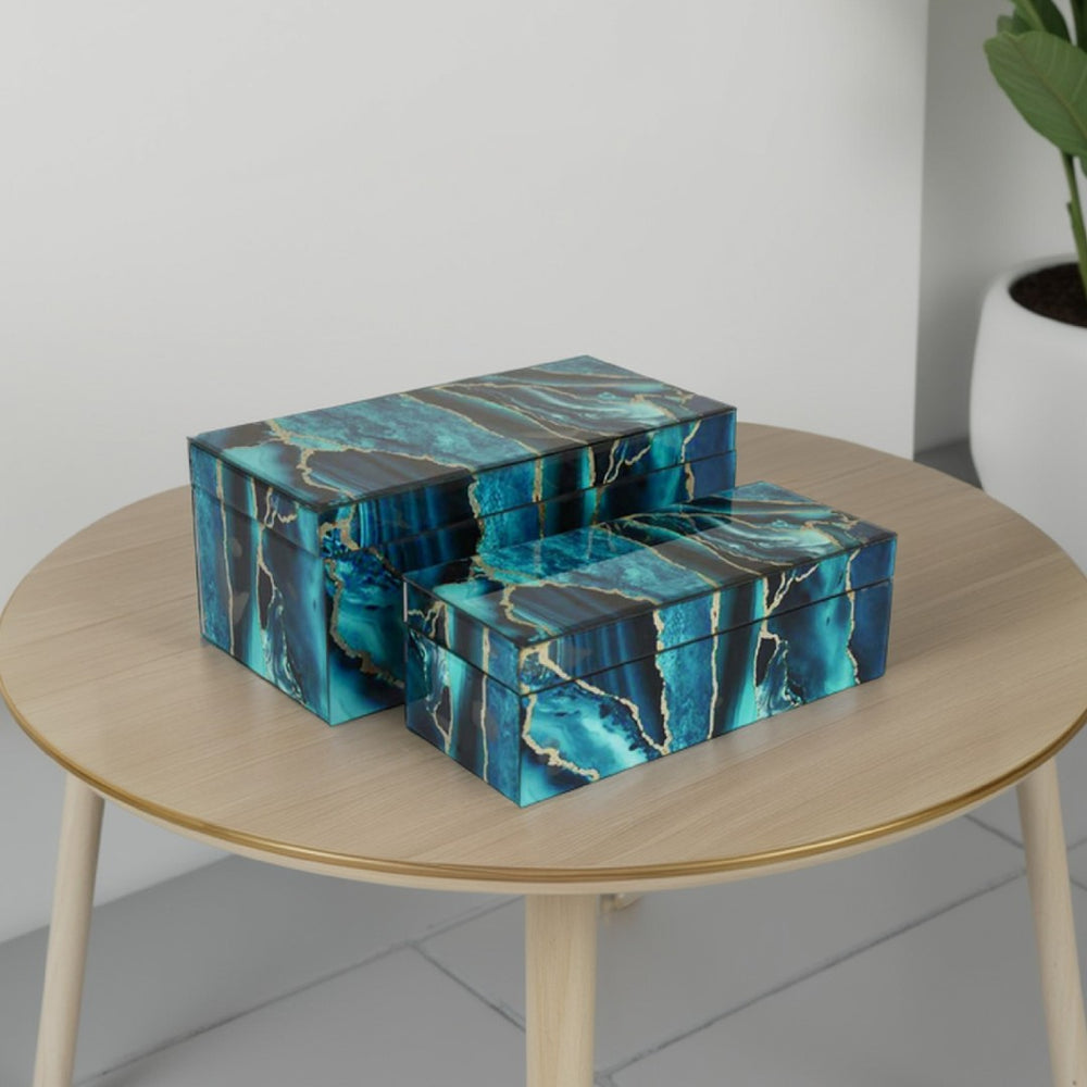 English Elm Jenny Marbled Glass Decorative Box Set Teal Abstract Swirl Vanity Desk Accent B056P416955