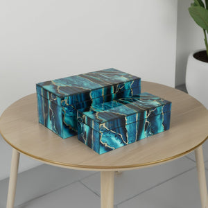 English Elm Jenny Marbled Glass Decorative Box Set Teal Abstract Swirl Vanity Desk Accent B056P416955