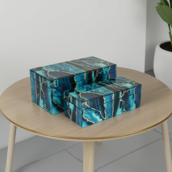English Elm Jenny Marbled Glass Decorative Box Set Teal Abstract Swirl Vanity Desk Accent B056P416955