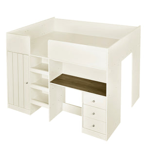 English Elm Wood Full Size Loft Bed with Built-In Wardrobe, Spacious Desk, Shelves and 3 Drawers for Storage Beige GX001819AAA