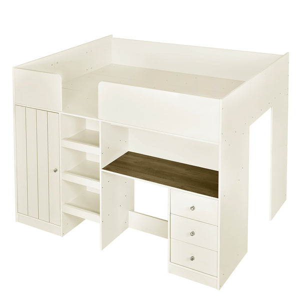 English Elm Wood Full Size Loft Bed with Built-In Wardrobe, Spacious Desk, Shelves and 3 Drawers for Storage Beige GX001819AAA