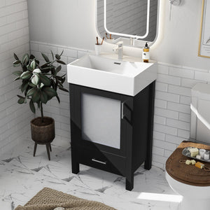 English Elm 20-Inch modern bathroom vanity with ceramic sink, soft-close door and ample storage for small spaces Black WF324691AAB