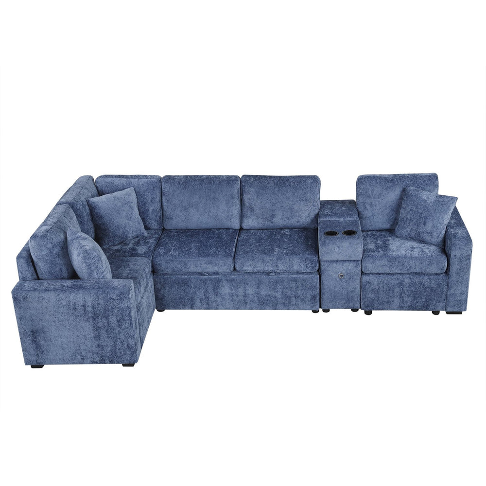 English Elm 120.5" L-shaped Convertible Sofa Bed Modular Sectional with Pull-Out Sleeper, Chenille, Storage, Cup Holders Blue N719S001940C