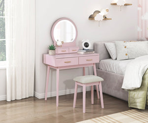 English Elm Beautiful Pink Vanity Set with Mirror & Stool, Storage Drawers, Elegant Bedroom Makeup Station B011P300057