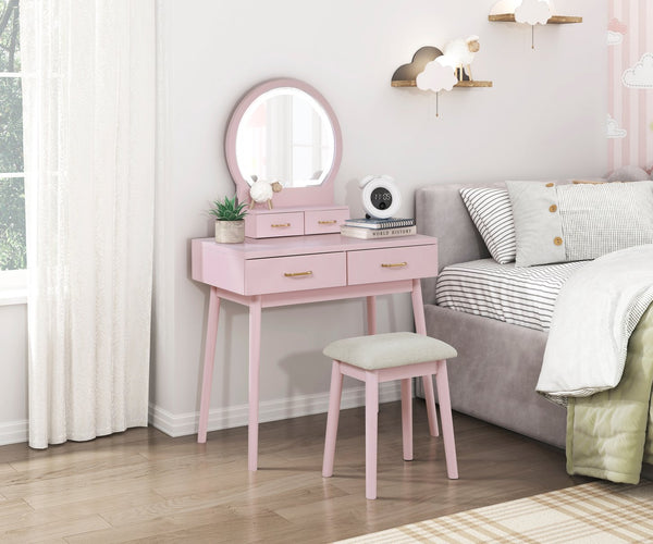 English Elm Beautiful Pink Vanity Set with Mirror & Stool, Storage Drawers, Elegant Bedroom Makeup Station B011P300057