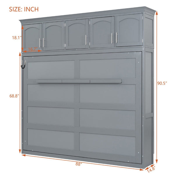 English Elm Queen Murphy Wall Bed with Top Cabinet Storage for Small Space Living Gray LP006665AAE-1