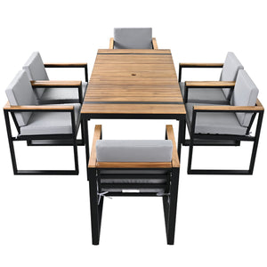 English Elm 7 Piece Outdoor Dining Set with Acacia Wood & Steel Frame, Water-Resistant Cushions, Umbrella Hole Grey N719Z000140E