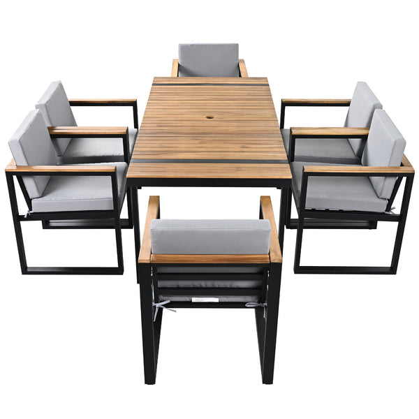 English Elm 7 Piece Outdoor Dining Set with Acacia Wood & Steel Frame, Water-Resistant Cushions, Umbrella Hole Grey N719Z000140E