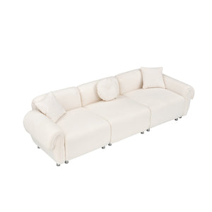 English Elm 112 Plush Teddy Velvet Sofa 112" x 38.2" x 28.3" with Metal White Legs, 3-Person Seating, 3 Pillows, 500lb Capacity Beige W1278S00050