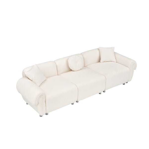 English Elm 112 Plush Teddy Velvet Sofa 112" x 38.2" x 28.3" with Metal White Legs, 3-Person Seating, 3 Pillows, 500lb Capacity Beige W1278S00050