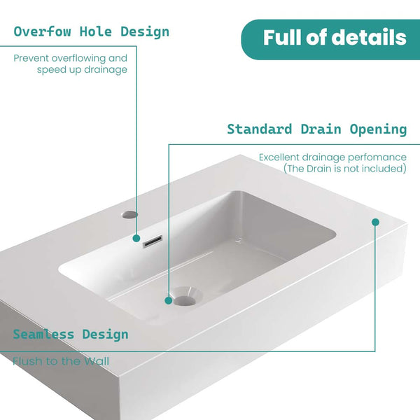 English Elm BB02-30-101, Glossy Integrated Solid Surface Basin with Overflow — Sleek Seamless Design for Luxury Bathrooms White W1865107113