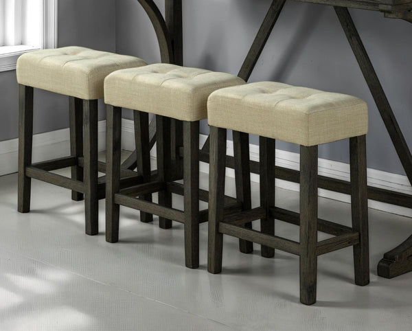 English Elm Modern Brown Dining Table Set with USB-A & USB-C Ports, 3 Biscuit-Tufted Stools, Space-Saving Elegance B011P302805