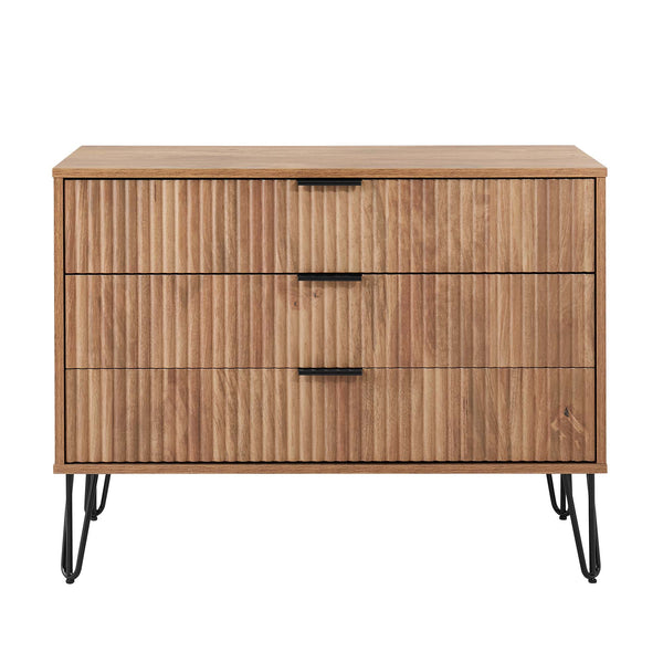 English Elm Dumbo 35" Fluted 3-Drawer Dresser with Gold Metal Legs, Glam Handles, Easy Snap Assembly Brown B365P398116