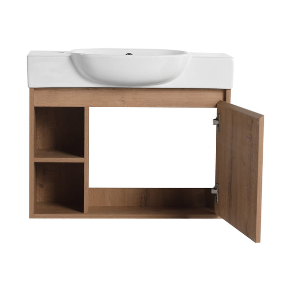 English Elm 26'' Wall-Mounted Bathroom Vanity with Glossy White Ceramic Sink, Soft-Close Door & Waterproof Finish Imitative Oak W999P310752