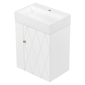 English Elm 20 Modern Wall-Mounted Bathroom Vanity with Ceramic Sink, Diamond Door, Gold Handles & Shelves — Compact White N725P314033K