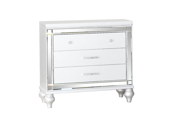 English Elm Sterling Glam 3-Drawer Nightstand White with Beveled Mirror, Crocodile Texture & Crystal Handles G150108475