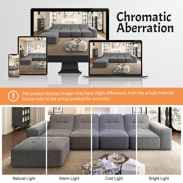 English Elm 143.7" Modern Modular Sectional Sofa Set with Removable Ottoman, Tufted Sparkling Chenille, Deep Seat Comfort Grey W3219S00003