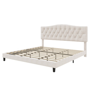 English Elm Upholstered Diamond-Tufted Platform Bed with Two-Position Adjustable Headboard and Sturdy Support Beige 81.22 L x 26.81 W x 5.24 H N701P342941B