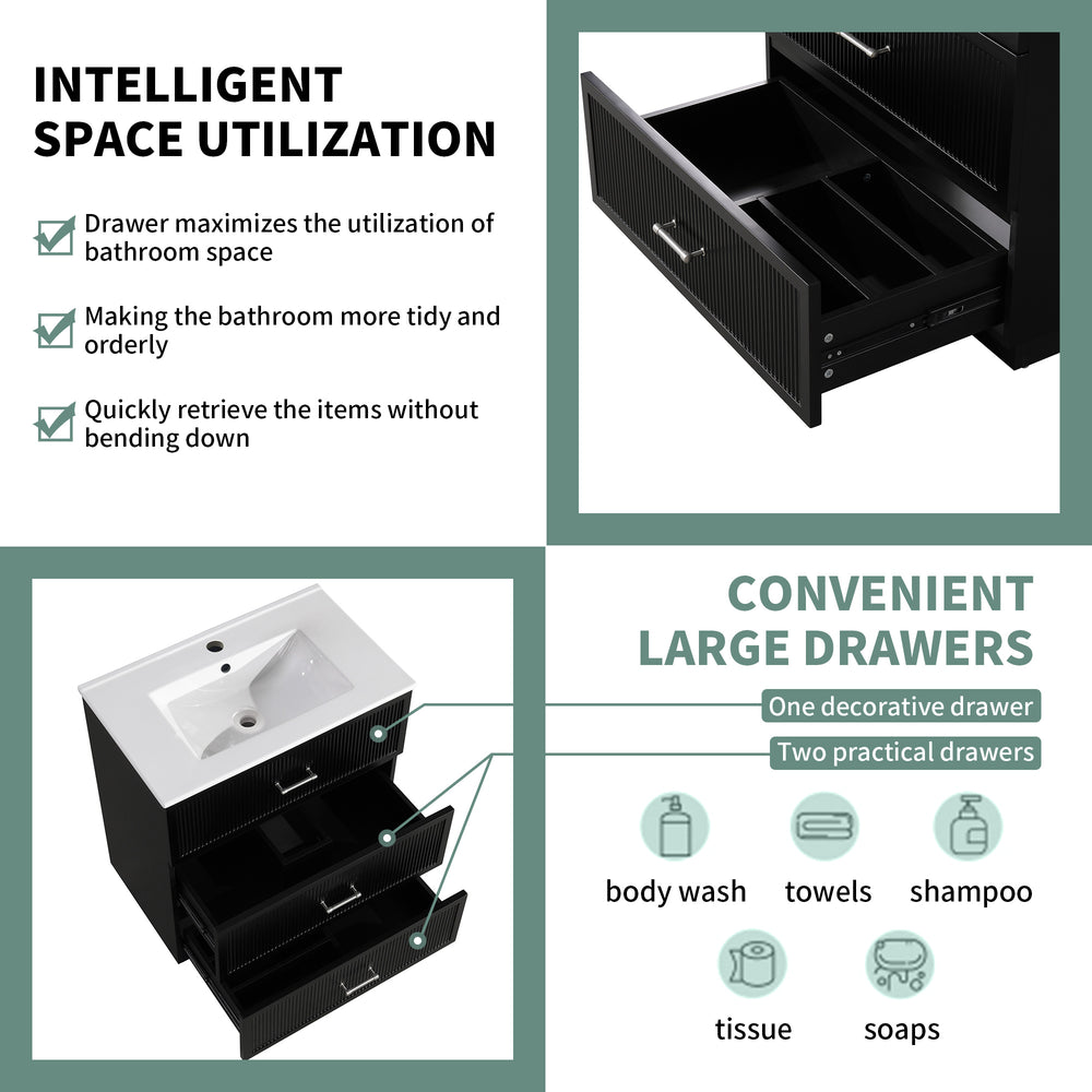 English Elm 30 Inch Bathroom Vanity With Ceramic Sink Combo - Modern Black Freestanding Storage Cabinet Set W1550S00047
