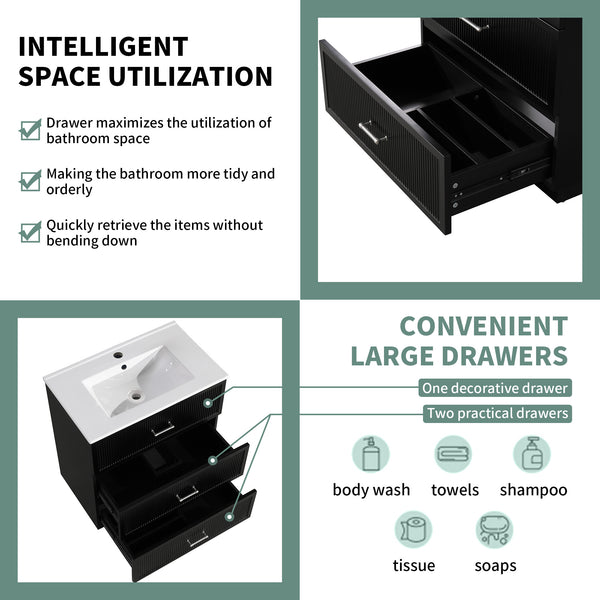 English Elm 30 Inch Bathroom Vanity With Ceramic Sink Combo - Modern Black Freestanding Storage Cabinet Set W1550S00047