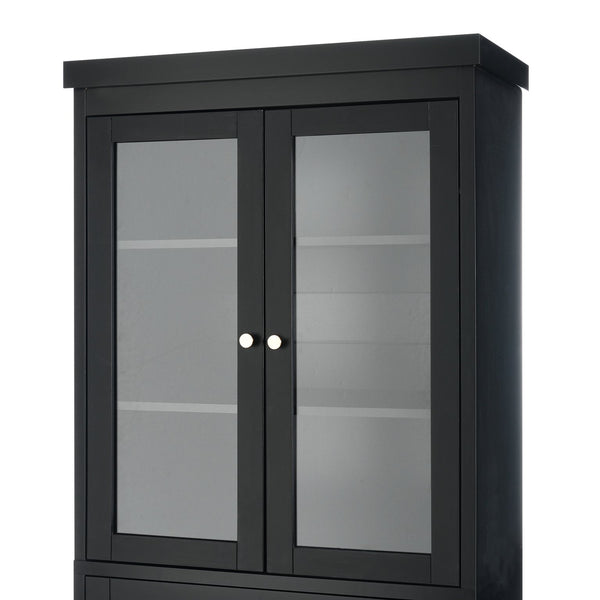 English Elm 70.1" Modern Tall Storage Cabinet with 3 Drawers, 2 Adjustable Shelves, Soft-Close Glass Doors, Gold Handles Black N729P271979B