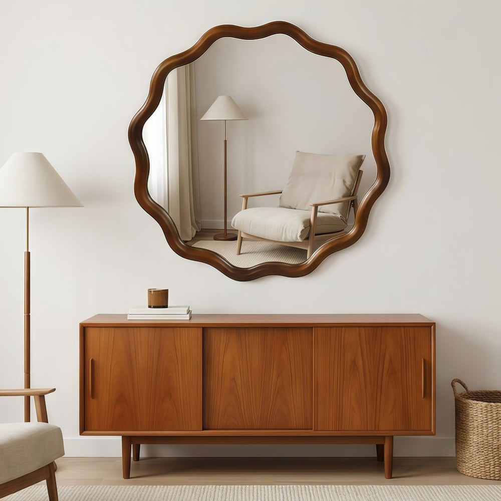 English Elm Black Walnut Solid Wood Wavy Round Mirror Sculptural Wall Accent for Any Room W2203P455240