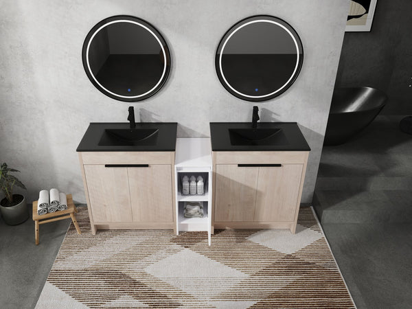 English Elm 72 Inch Freestanding Bathroom Vanity Set With Black Ceramic Sinks, Soft-Close Doors & Storage Solutions W999S00319