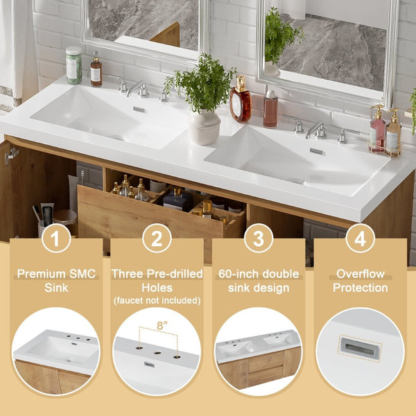 English Elm [video]59.3 Inch Wall Mounted Double Sink Vanity Wood Grain Mdf Soft Close Storage N729P000026N