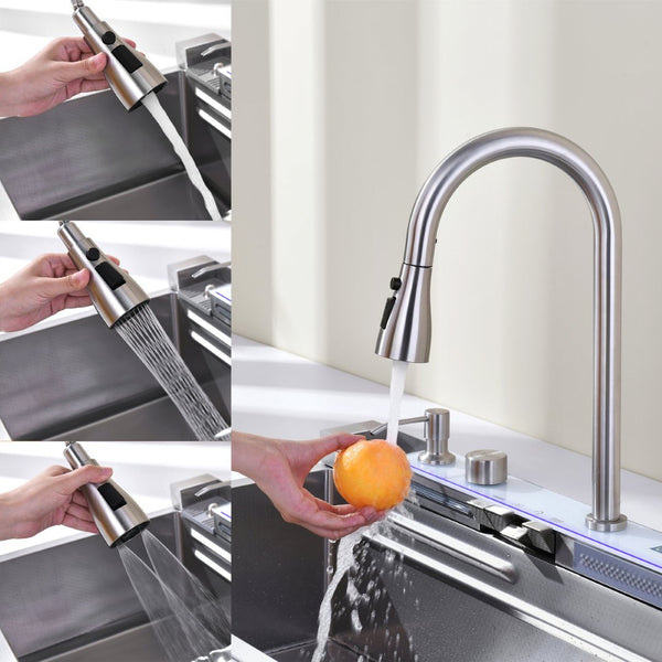 English Elm Pull-out Faucet Stainless Steel Kitchen Sink with Waterfall Spout and Digital Temp Display T3177P370631