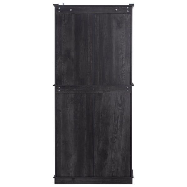 English Elm K&K 71" Tall Farmhouse Pantry Cabinet with Groove Edges, 3 Pull-Out Organizers, 6 Door Shelves Black N707P256507B