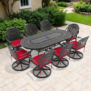 English Elm 9-piece Cast Aluminum Outdoor Dining Set Oval Table Swivel Chairs Patio Seats 8 W1710S00324