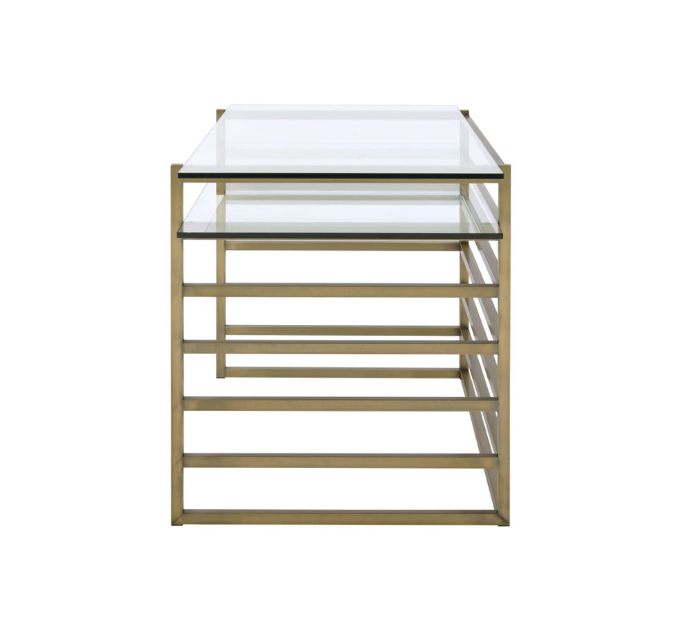 English Elm Shona Tempered Glass Writing Desk with Antique Brass Sled Base for Modern Offices B2726P457136