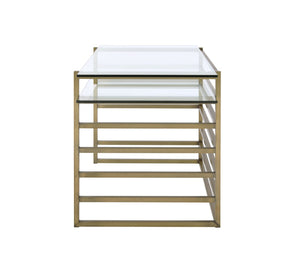 English Elm Shona Tempered Glass Writing Desk with Antique Brass Sled Base for Modern Offices B2726P457136