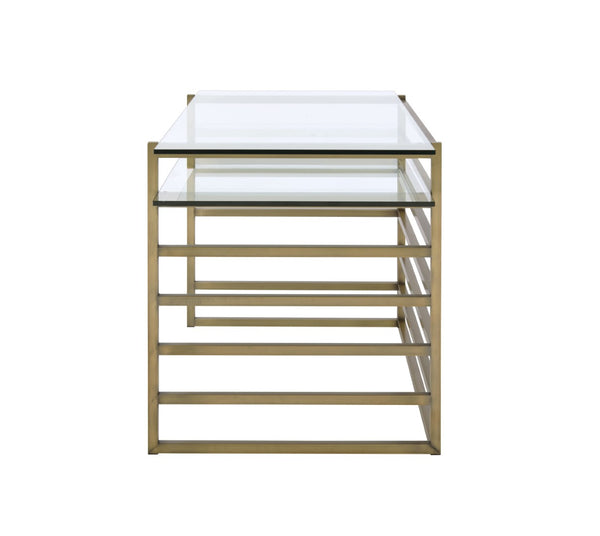 English Elm Shona Tempered Glass Writing Desk with Antique Brass Sled Base for Modern Offices B2726P457136