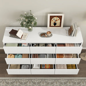 English Elm 9 Drawer Matte Wood Dresser with Wave Front Mid Century Modern Low Profile Storage White W409P387581
