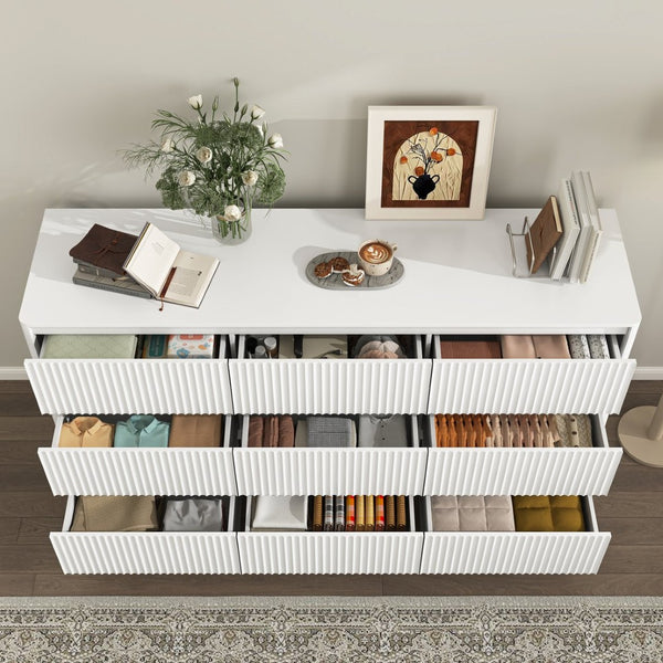 English Elm 9 Drawer Matte Wood Dresser with Wave Front Mid Century Modern Low Profile Storage White W409P387581
