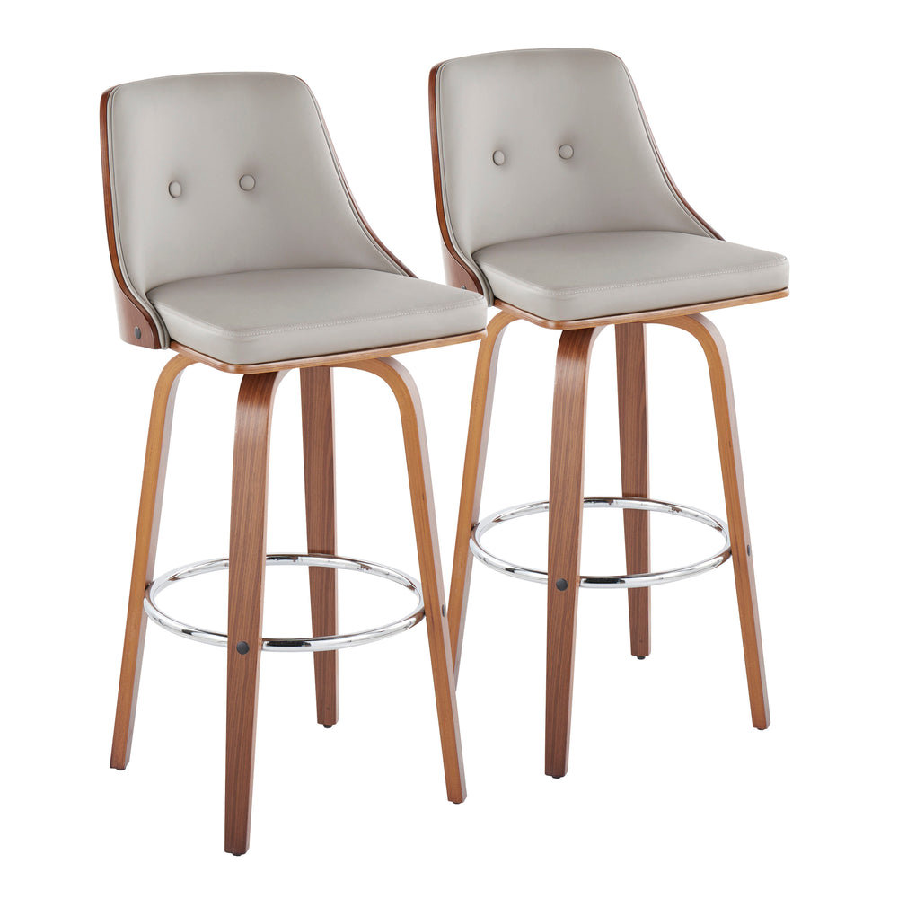 English Elm Gianna Mid-Century Barstool Set of 2 — Walnut Wood Frame, Light Grey Faux Leather, Swivel & Chrome Footrest B202S00586
