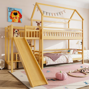 English Elm Full Bunk Bed with Trundle Bookshelf Storage Pine Frame Car Design for Kids W1580S00301