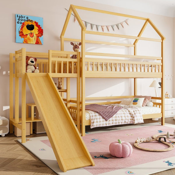 English Elm Full Bunk Bed with Trundle Bookshelf Storage Pine Frame Car Design for Kids W1580S00301