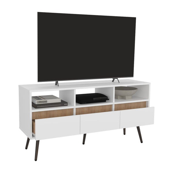 English Elm Aranjuez TV Stand 47" with 3 Drawers & 3 Open Shelves, Open-Back Cable Management, Oak/White B200P253753