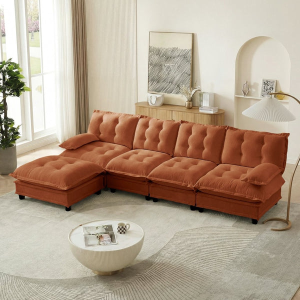English Elm 138" Chenille Modular Cloud Sectional with Ottoman Deep Seat Lounge Sofa for Apartments Orange W714S01741