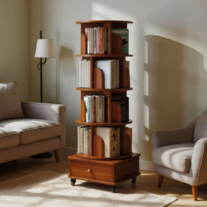 English Elm Rotating 5-Tier Corner Bookshelf With Drawer - 360° Swivel Space-Saving Rack For Modern Living Spaces W2641P329214-GIGA