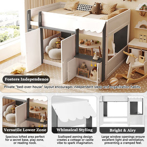 English Elm Twin House Loft Bed with Pull Out Rolling Desk Stair Drawers and Cabinet Storage White+Gray N820S00074E