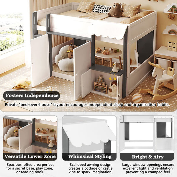 English Elm Twin House Loft Bed with Pull Out Rolling Desk Stair Drawers and Cabinet Storage White+Gray N820S00074E