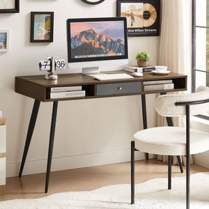 English Elm Mid Century Desk with USB Ports and Power Outlet, Spacious Mid-Century Writing Desk with Drawers for Home Office Comfort and Style Walnut W876P278785