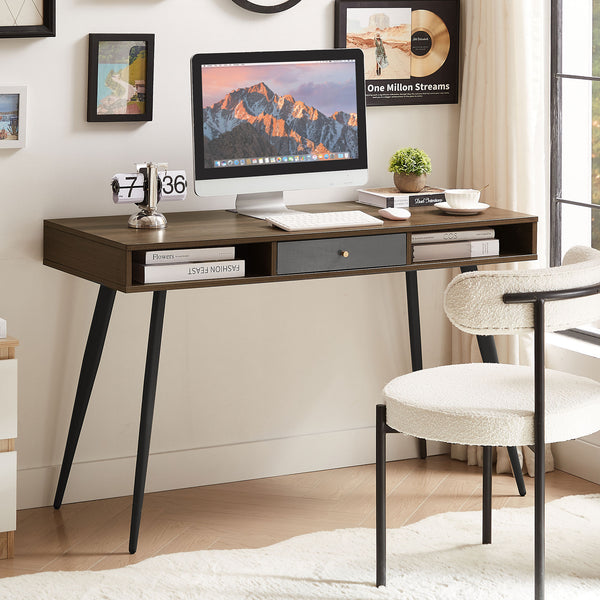English Elm Mid Century Desk with USB Ports and Power Outlet, Spacious Mid-Century Writing Desk with Drawers for Home Office Comfort and Style Walnut W876P278785